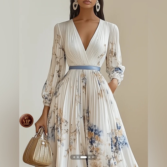 NWT Fehaute White Pleated Chiffon V Neck Long Sleeve A-Line Maxi Dress Sz 10 - Picture 2 of 13